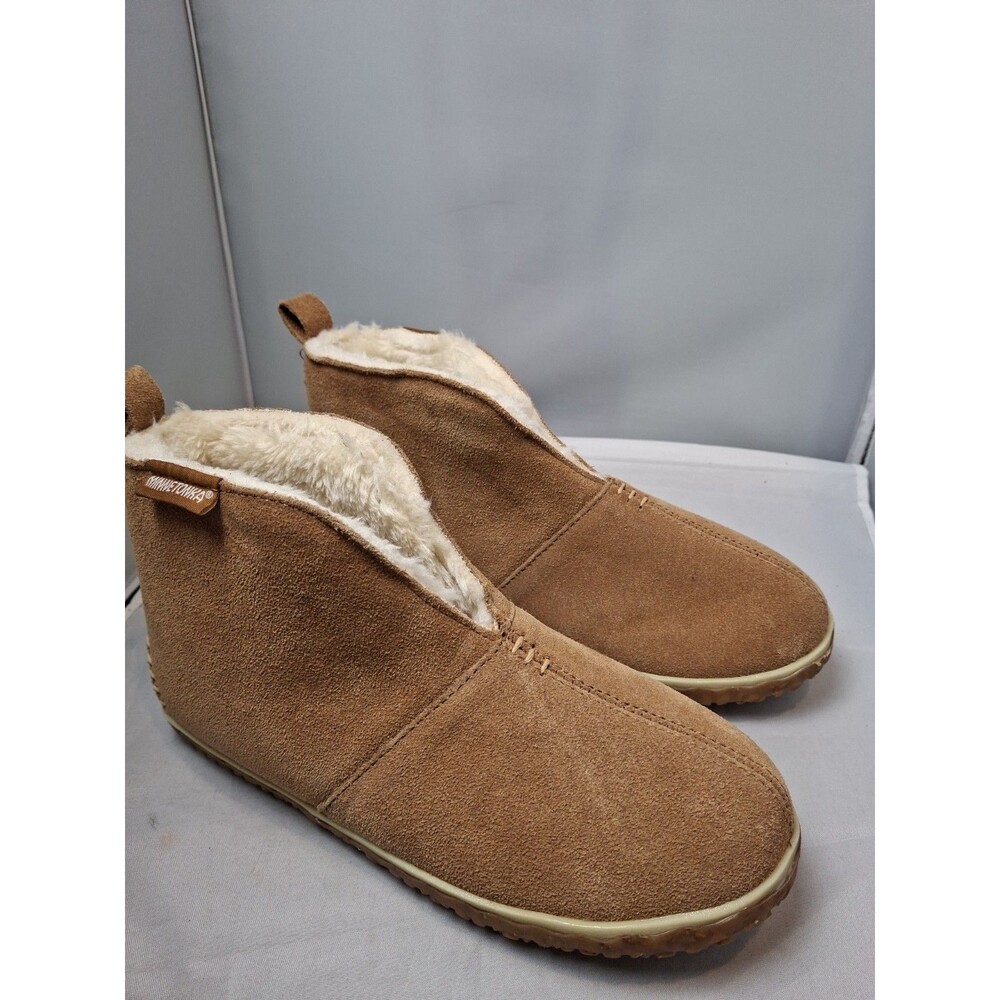MINNETONKA Women's Slipper Ankle Boots Indoor- Outdoor Booties Tan/Chestnut Sz 6